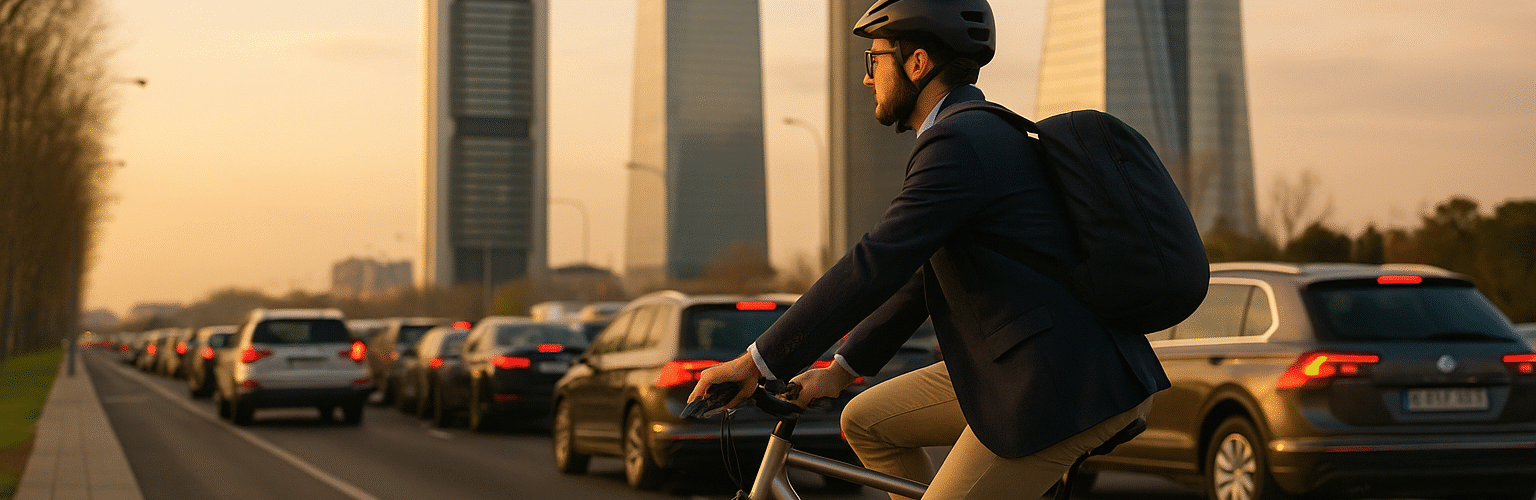 Un ciclista evita un atasco en Madrid yendo al trabajo en bicicleta