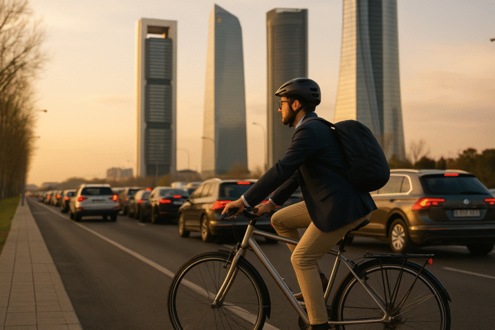 Un ciclista evita un atasco en Madrid yendo al trabajo en bicicleta
