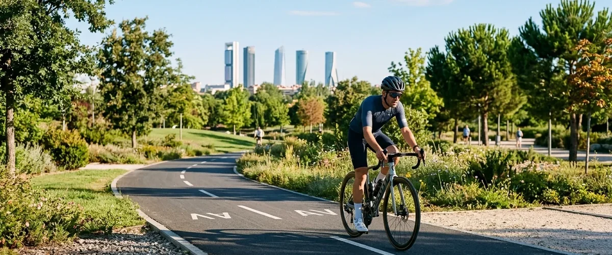 Ciclista en el Anillo Verde Ciclista de Madrid con las Cuatro Torres de fondo