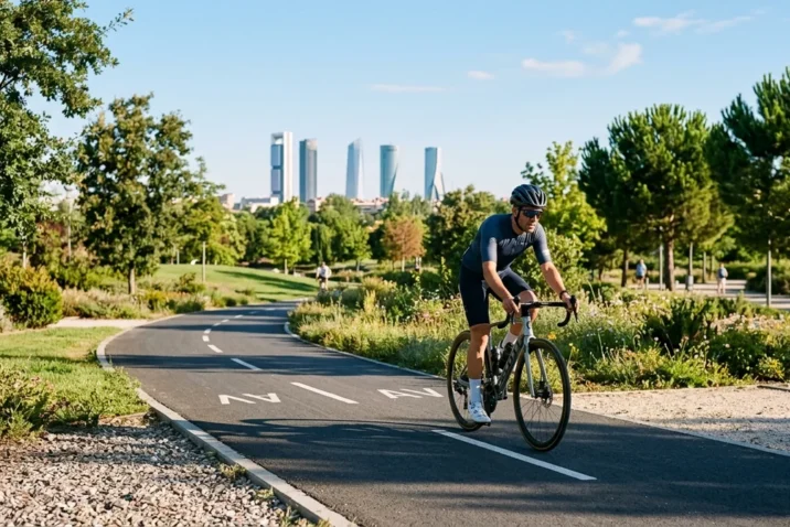 Ciclista en el Anillo Verde Ciclista de Madrid con las Cuatro Torres de fondo