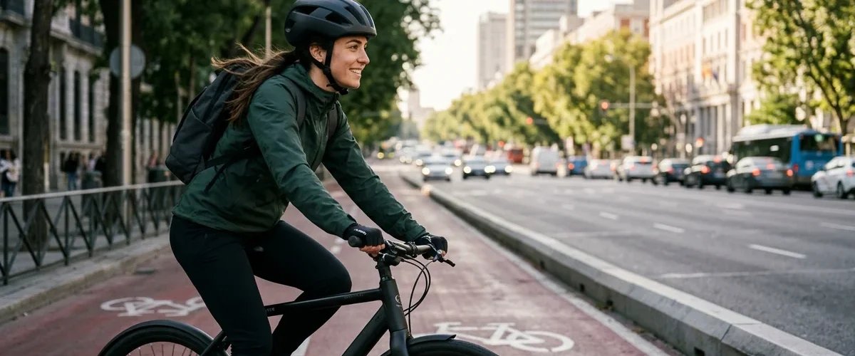 Ciclista con casco urbano en carril bici segregado de Madrid