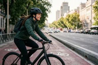 Ciclista con casco urbano en carril bici segregado de Madrid