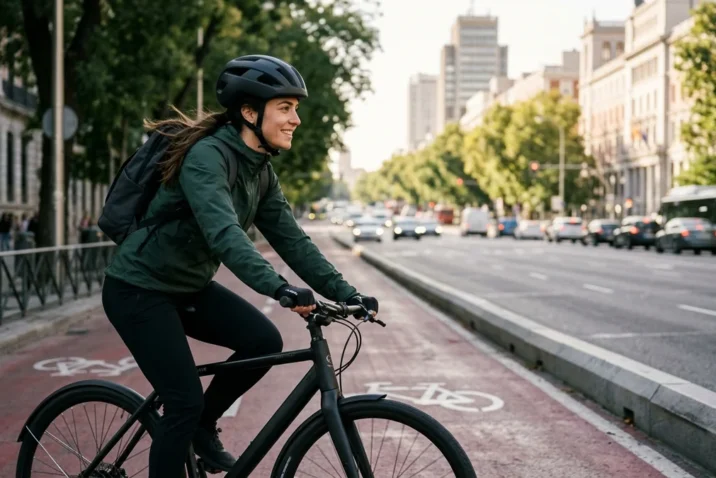 Top 5 Cascos Urbanos con Tecnología MIPS para Rodar por Madrid 2 Ciclista con casco urbano en carril bici segregado de Madrid