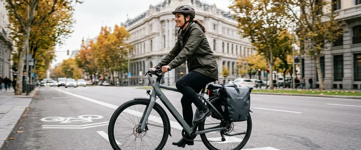 Ciclista urbano con alforjas impermeables rodando por Madrid