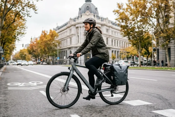 Las 4 Mejores Alforjas Impermeables para Ir al Trabajo en Bici por Madrid 3 Ciclista urbano con alforjas impermeables rodando por Madrid