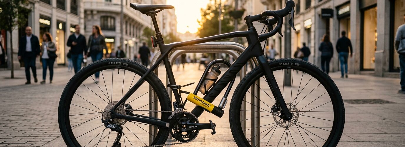 Bicicleta urbana aparcada con candado Kryptonite U-lock en Madrid