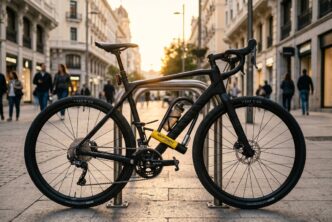 Bicicleta urbana aparcada con candado Kryptonite U-lock en Madrid