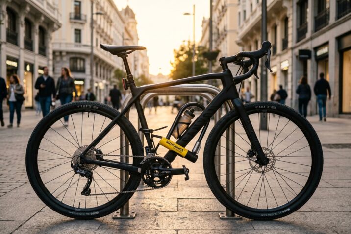 Bicicleta urbana aparcada con candado Kryptonite U-lock en Madrid