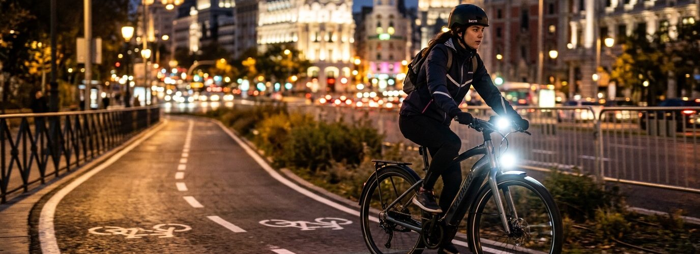 Ciclista circulando de noche por carril bici de Madrid con potente luz delantera LED