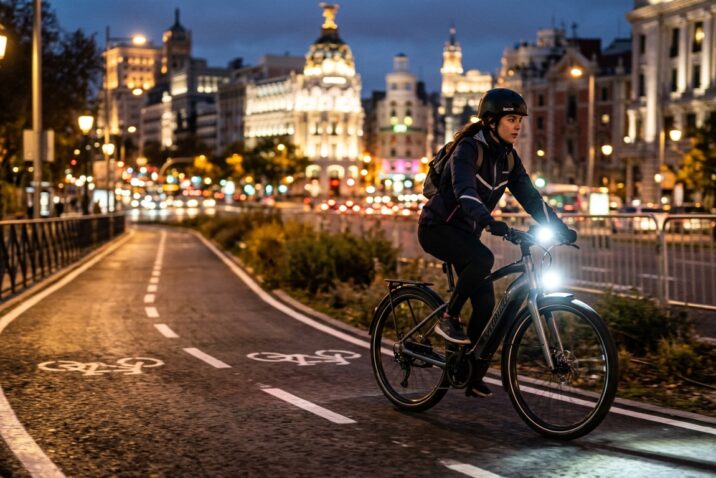 Las 5 Mejores Luces Potentes para Circular de Noche por Madrid 2 Ciclista circulando de noche por carril bici de Madrid con potente luz delantera LED