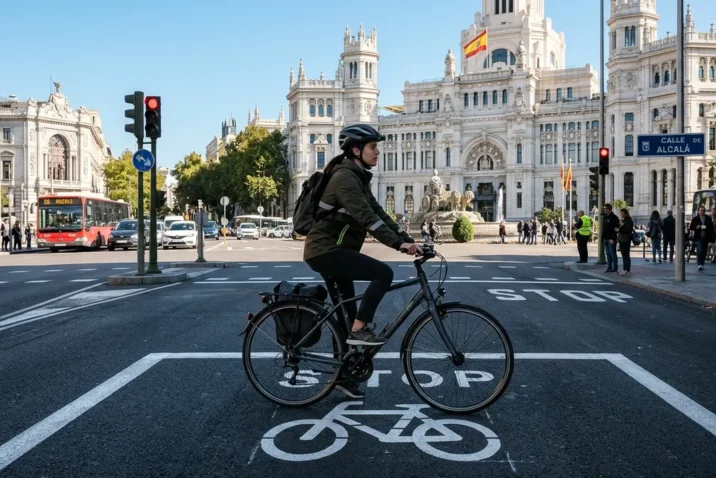 Normativa de Bicicletas en Madrid 2026: Circulación, Aceras y Multas 1 Ciclista urbano respetando semáforo en ciclocarril de Madrid frente a Cibeles