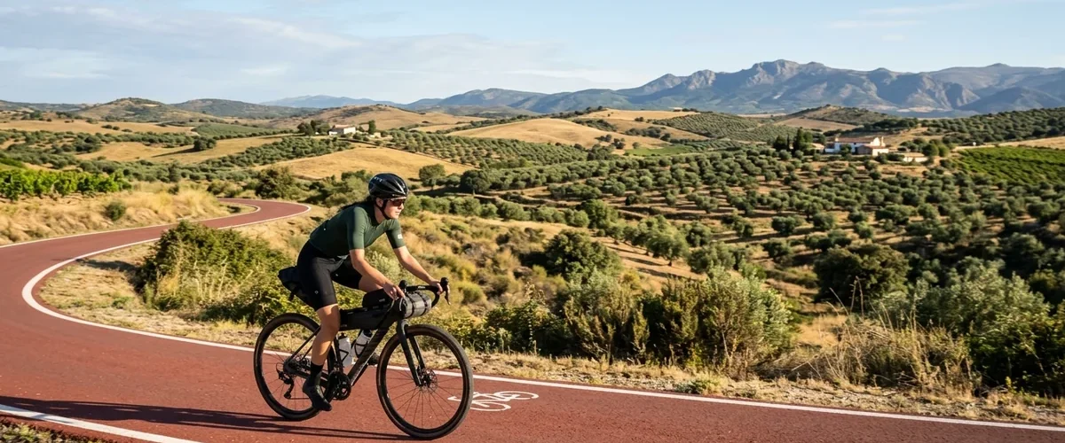 Ciclista recorriendo el asfalto rojo de la Vía Verde del Tajuña en Madrid