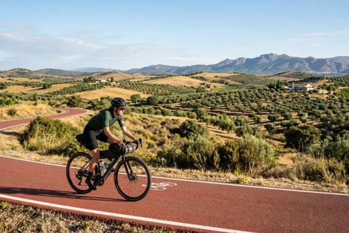 Ruta por la Vía Verde del Tajuña en Bici: Mapa, Dificultad y Consejos 1 Ciclista recorriendo el asfalto rojo de la Vía Verde del Tajuña en Madrid